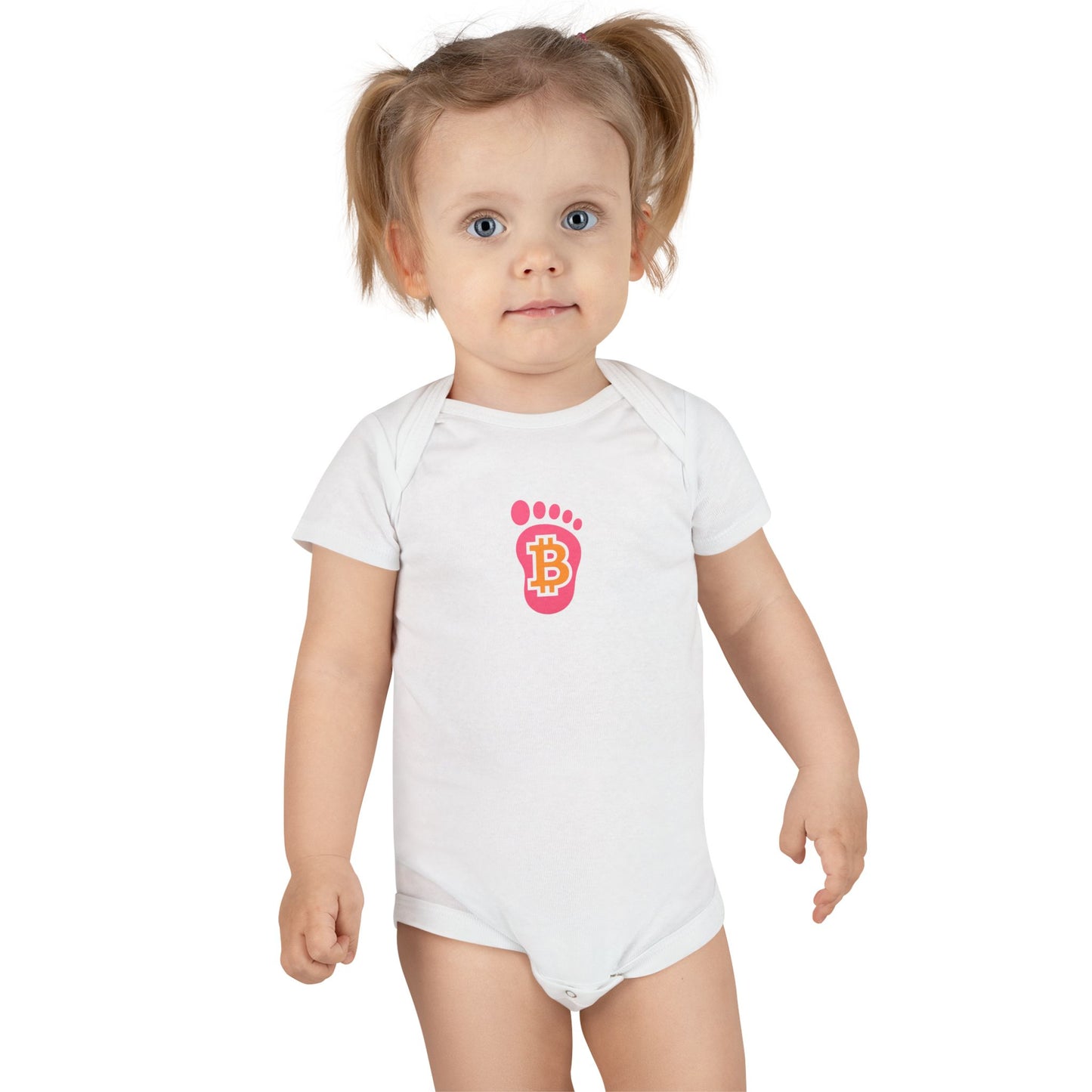 Bitcoin Bigfoot Believe Baby Steps Organic Baby Bodysuit – Pink Littlefoot Footprint Edition
