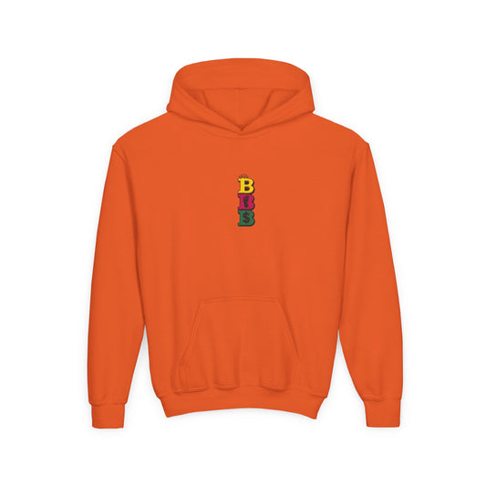 Youth Heavy Blend Hooded Sweatshirt with the Classic Triple Stacked B’s Bitcoin Bigfoot Believe