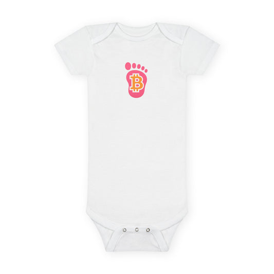 Bitcoin Bigfoot Believe Baby Steps Organic Baby Bodysuit – Pink Littlefoot Footprint Edition